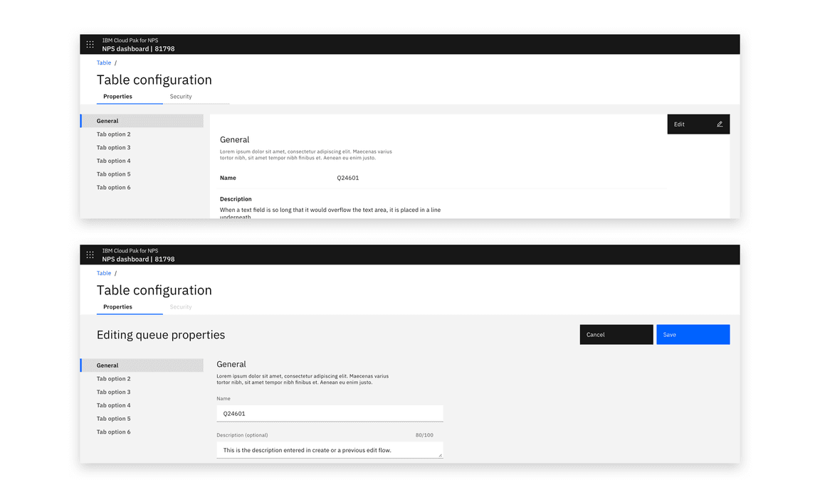 Example of a properties view in reading (top) and editing (bottom) views